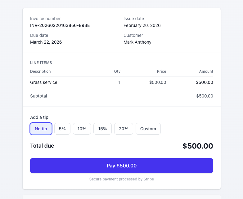 Invoice payment page with tip selection buttons