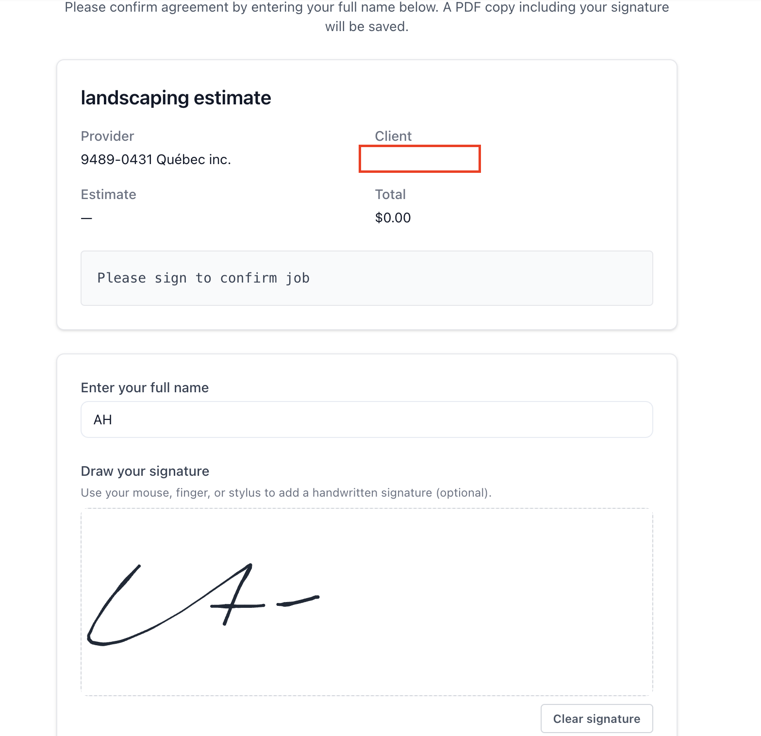 Digital contract signing interface
