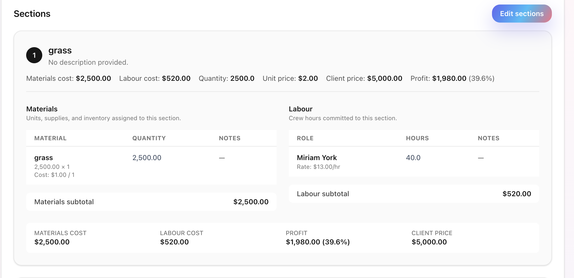 Estimate builder with itemized materials and labor